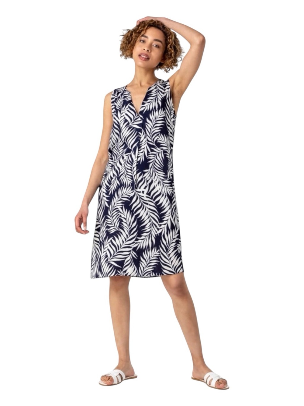LAURA Navy/White Tropical Print Sleeveless Pocket A-Line Dress (S)